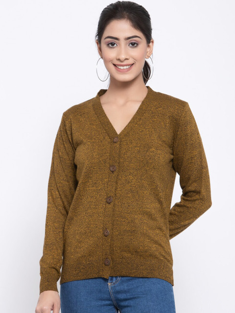 

Kalt Women Mustard Brown Solid Cardigan Sweater