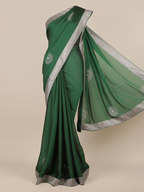 

Pothys Green & Silver-Toned Poly Chiffon Embellished Saree