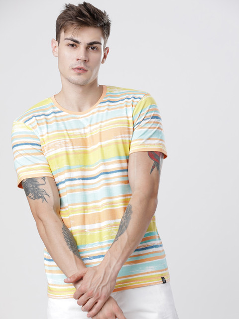 

LOCOMOTIVE Men Yellow & Blue Striped Round Neck T-shirt
