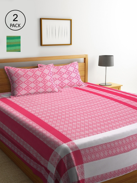 

KLOTTHE Set of 2 Striped Double Bed Covers With 4 Pillow Covers, Pink