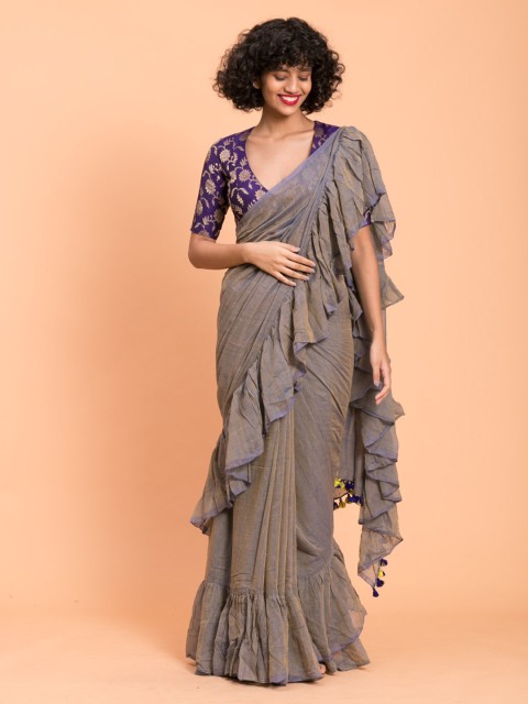 

Suta Grey Solid Pure Cotton Ruffle Saree