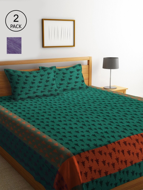 

KLOTTHE Set Of 2 Striped Double King Bed Covers with 4 Pillow Covers, Green