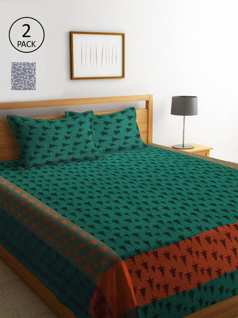 

KLOTTHE Green & Grey Set Of 2 Floral Double King Bed Covers With 4 Pillow Covers