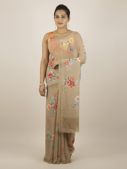 

Pothys Cream-Coloured & Peach-Coloured Poly Georgette Printed Saree