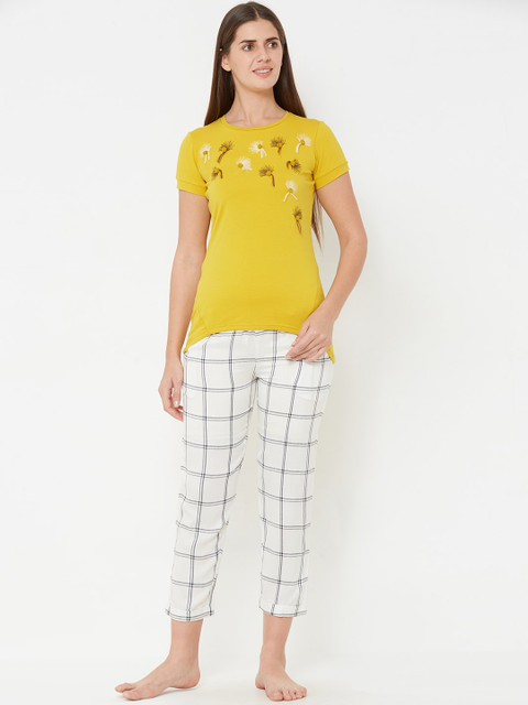 

Sweet Dreams Women Mustard Yellow & Off-White Printed Night suit