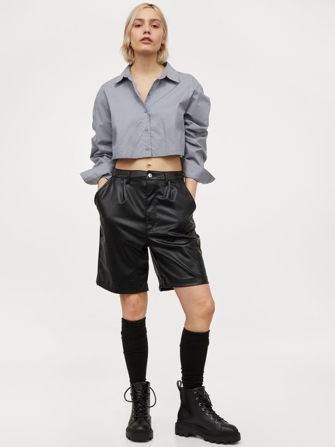 

H&M Women Grey Solid Cropped Cotton Shirt