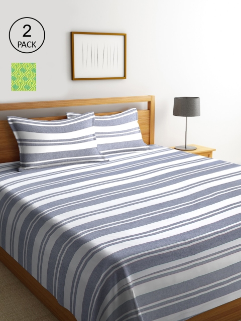 

KLOTTHE Set Of 2 Striped Double King Bed Covers with 4 Pillow Covers, White