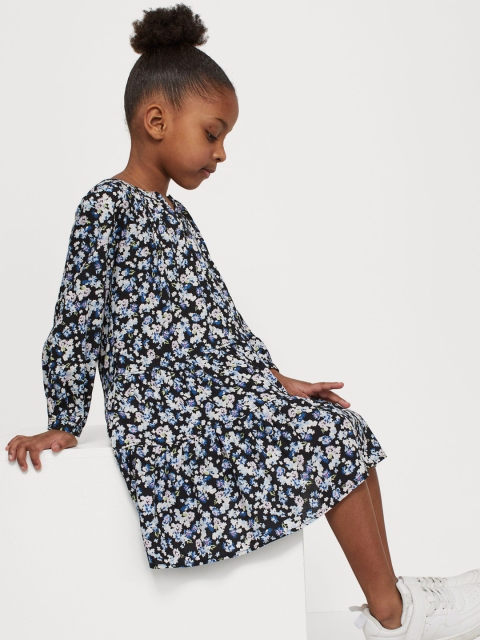 

H&M Girls Navy Blue & White Printed Balloon-Sleeved Dress
