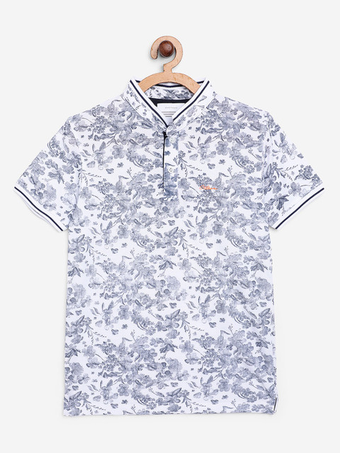 

Octave Boys White & Navy Blue Floral Printed Polo Collar T-shirt