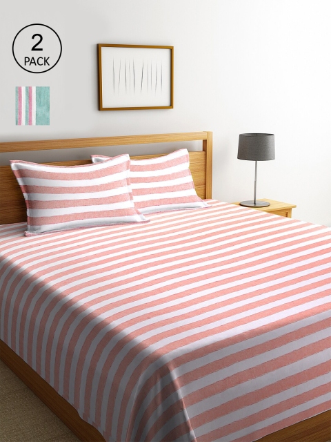 

KLOTTHE Set Of 2 Striped Double King Bed Covers With 4 Pillow Covers, Pink