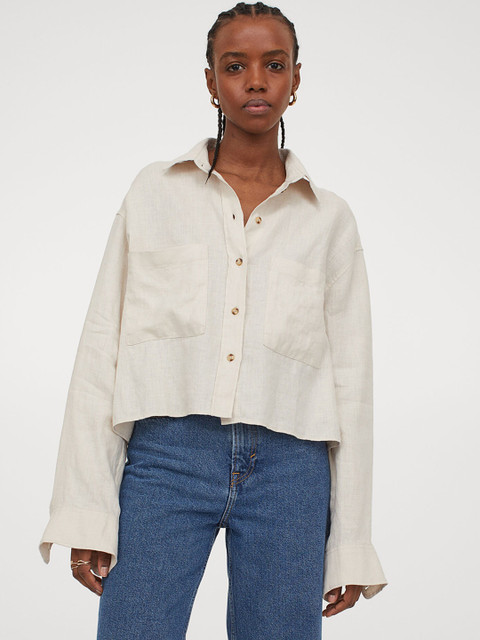 

H&M Women Beige Solid Cropped Linen Shirt