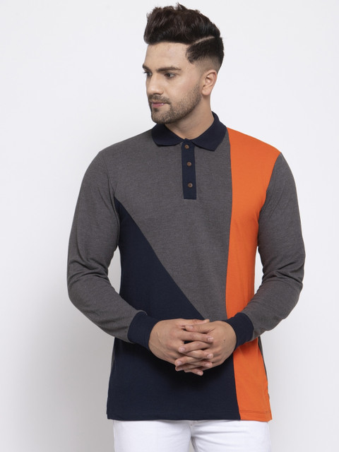 

Kalt Men Navy Blue Colourblocked Polo Collar T-shirt