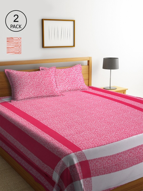 

KLOTTHE Set Of 2 Striped Double King Bed Covers with 4 Pillow Covers, Pink