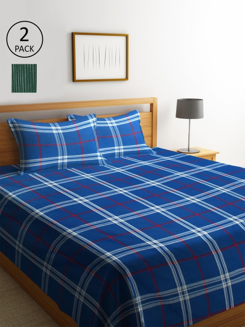 

KLOTTHE Set Of 2 Woven-Design Double King Bed Covers With 4 Pillow Covers, Blue