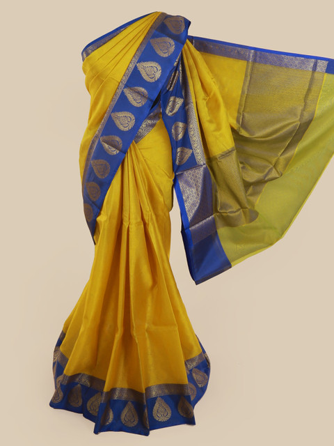 

Pothys Yellow & Blue Cotton Blend Solid Saree