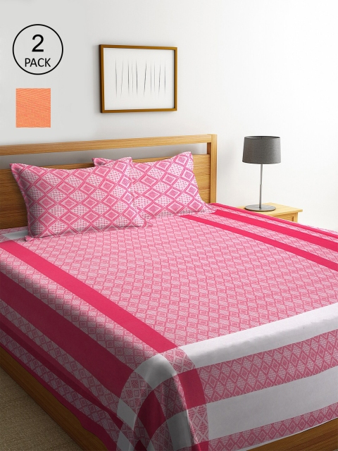 

KLOTTHE Pink & Orange Set of 2 Geometric Double Bed Covers With 4 Pillow Covers
