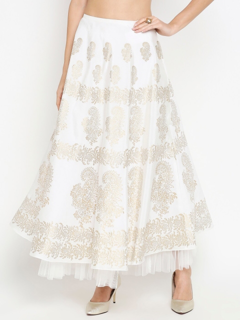 

Ira Soleil Women Off White & Gold-Coloured Printed Maxi Skirt