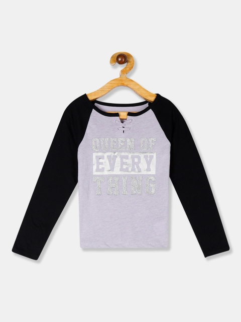 

The Childrens Place Girls Purple & Black Printed Round Neck Pure Cotton T-shirt