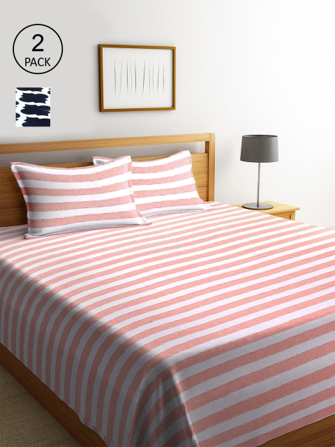 

KLOTTHE Set Of 2 Woven-Design Double King Bed Covers With 4 Pillow Covers, Peach