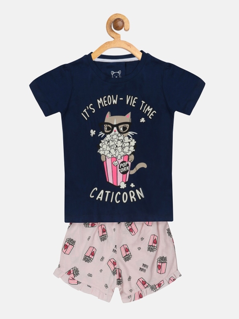 

Lazy Shark Girls Navy Blue & Pink Printed T-shirt with Shorts