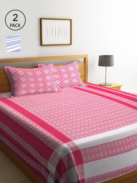 

KLOTTHE Set Of 2 Striped Double Bed Covers With 4 Pillow Covers, Pink