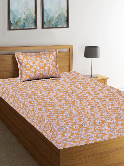 

Tistabene Orange & Grey Floral 180 TC Cotton 1 Single Bedsheet with 1 Pillow Covers