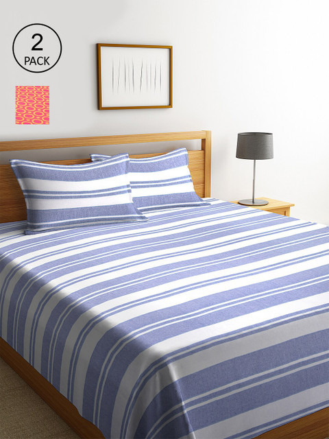 

KLOTTHE Set of 2 Striped Double Bed Covers With 4 Pillow Covers, White