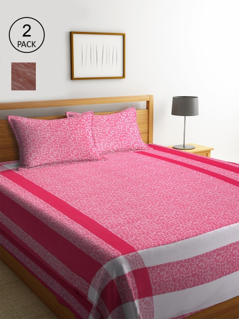 

KLOTTHE Set of 2 Striped Double Bed Covers With 4 Pillow Covers, Pink