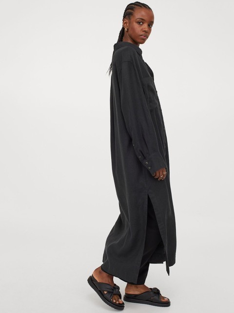 

H&M Women Black Solid Linen Shirt Dress