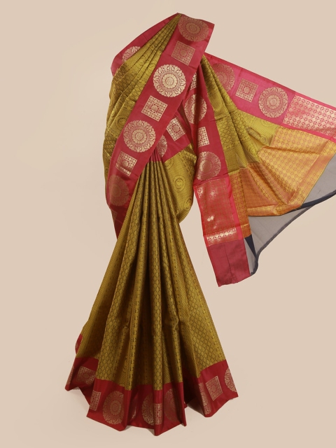 Pothys Gold-Toned & Red Cotton Blend Woven Design Saree