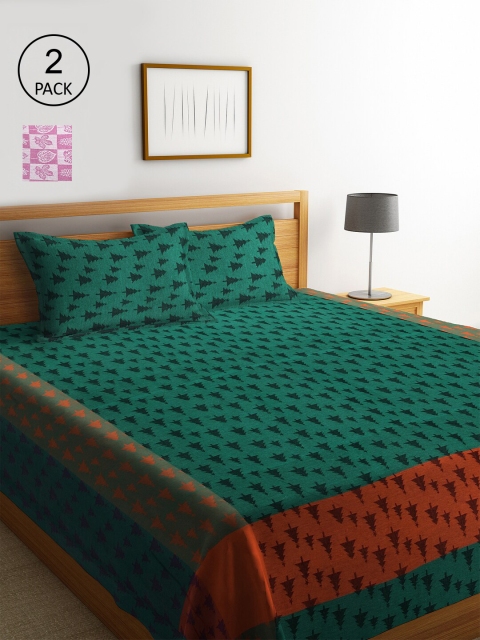 

KLOTTHE Set Of 2 Floral Double King Bed Covers with 4 Pillow Covers, Green