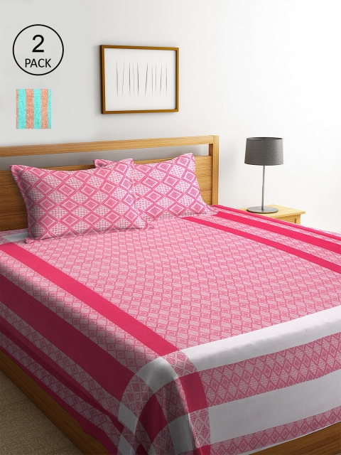 

KLOTTHE Set Of 2 Striped Double King Bed Covers With 4 Pillow Covers, Pink