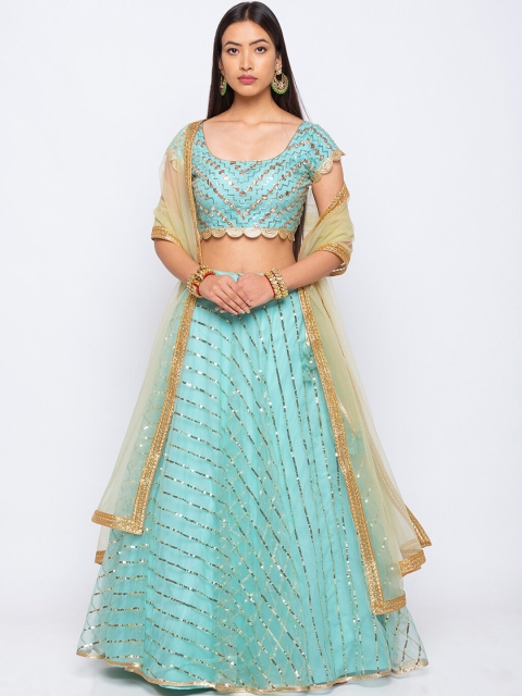 

6Y COLLECTIVE Turquoise Blue & Gold-Toned Embellished Semi-Stitched Lehenga & Unstitched Blouse with Dupatta