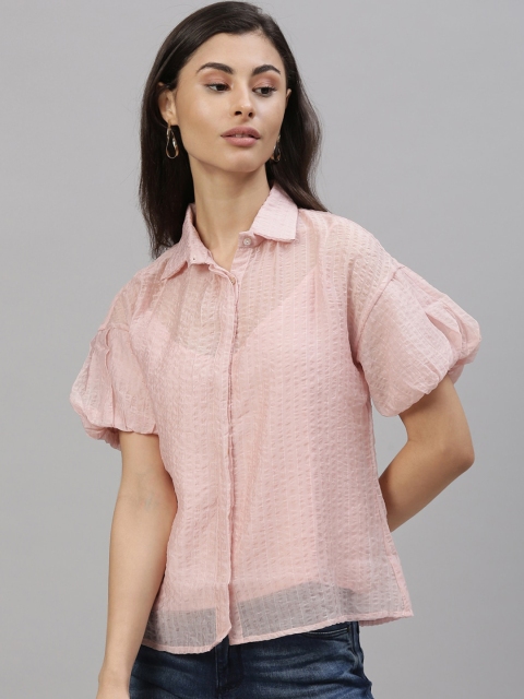 

Rareism Pink Puff Sleeves Shirt Style Top
