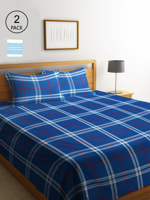 

KLOTTHE Set Of 2 Woven Design Double King Bed Covers With 4 Pillow Covers, Blue