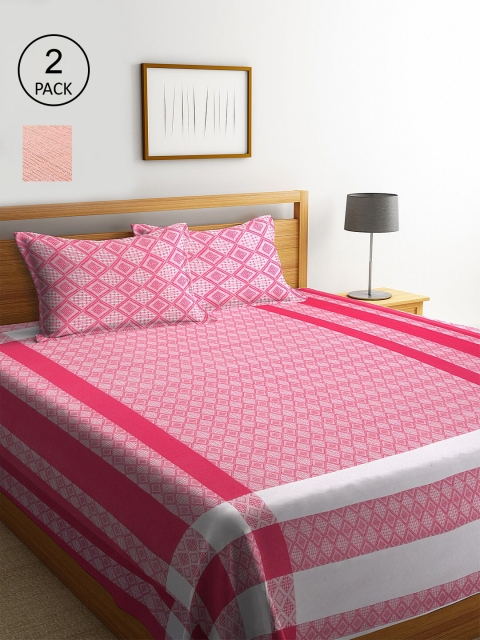 

KLOTTHE Set Of 2 Striped Double King Bed Covers With 4 Pillow Covers, Pink