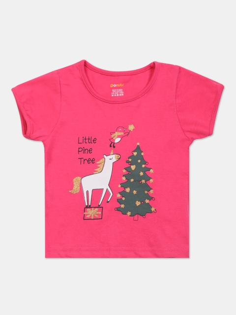 

Donuts Girls Pink & Green Unicorn Printed Round Neck T-shirt