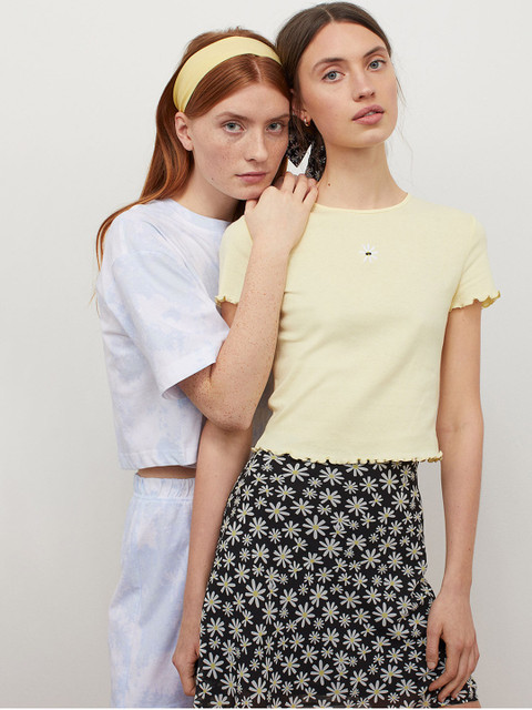

H&M Women Yellow & White Pure Cotton Embroidered Short-Sleeved Top