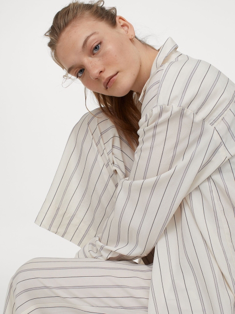 

H&M Women White & Blue Striped Wide Lyocell Sustainable Shirt