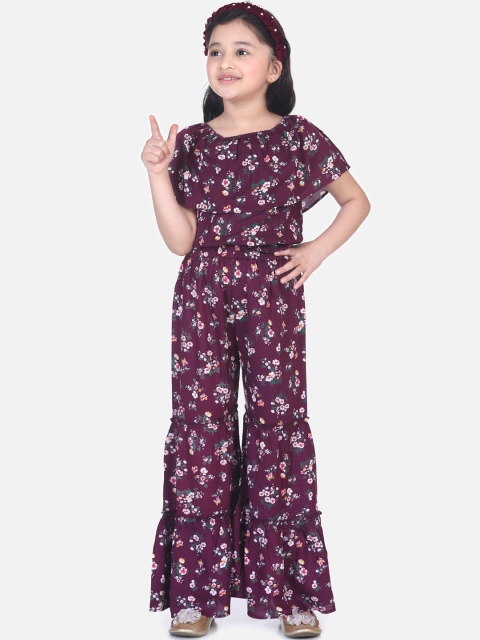 

LilPicks Girls Maroon & Pink Printed Basic Jumpsuit