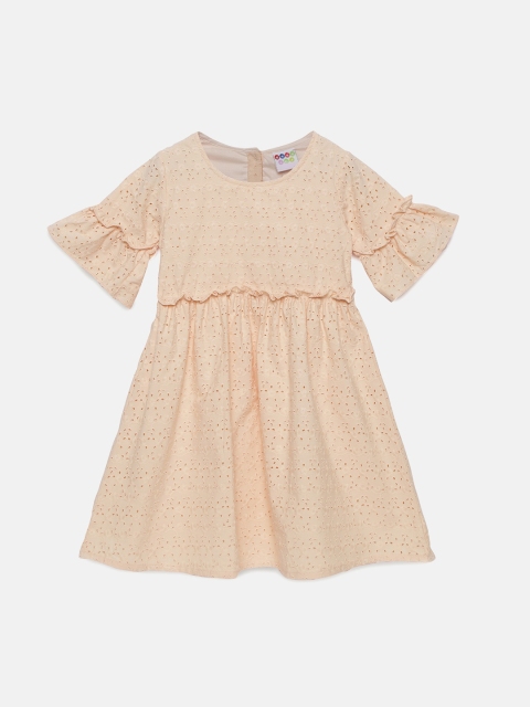 

ZION Girls Beige Self Design Fit and Flare Cotton Dress