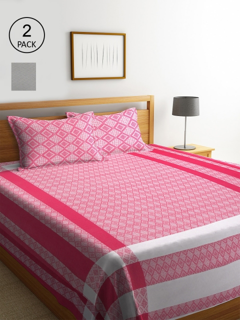 

KLOTTHE Set of 2 Geometric Double King Bed Covers with 4 Pillow Covers, Pink