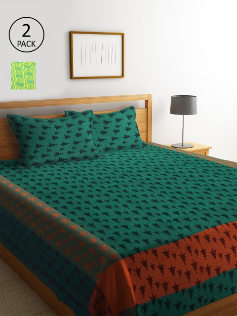 

KLOTTHE Set Of 2 Striped Double King Bed Covers with 4 Pillow Covers, Green
