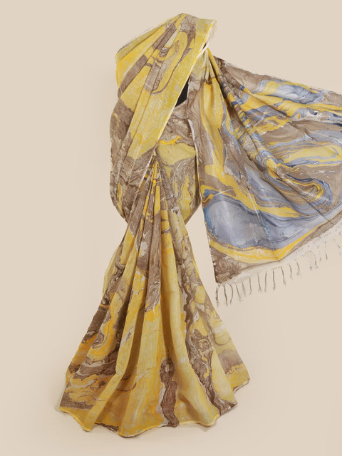 

Pothys Yellow Printed Linen Blend Saree
