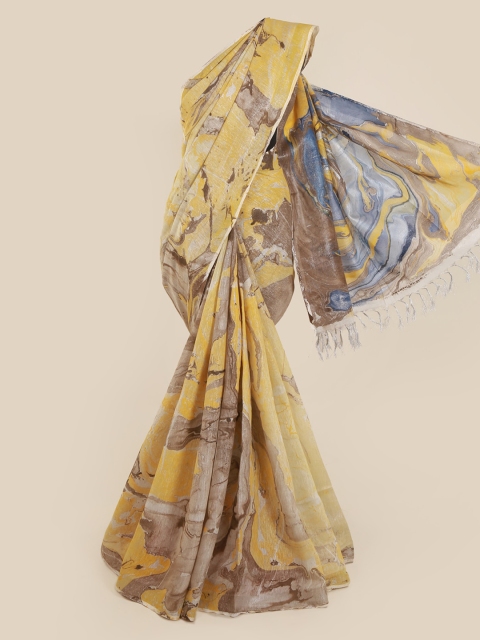 

Pothys Yellow & Brown Linen Blend Printed Saree