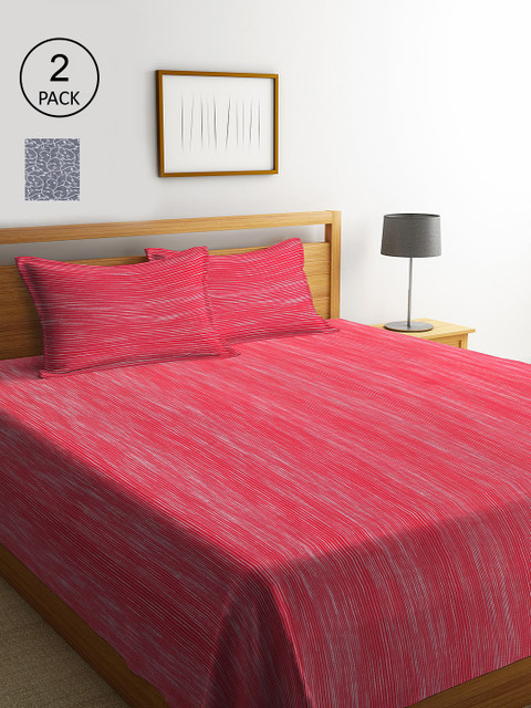 

KLOTTHE Pink & Grey Set of 2 Striped Double King Bed Covers with 4 Pillow Covers