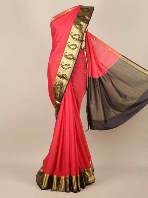 

Pothys Pink & Gold-Toned Poly Georgette Solid Saree