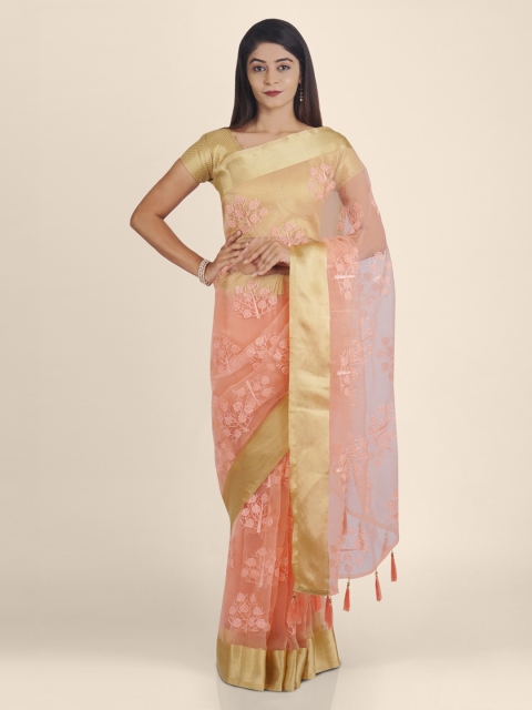 

KAJREE Peach-Coloured Organza Embroidered Handloom Jamdani Saree