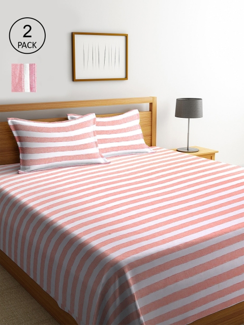 

KLOTTHE Set Of 2 Striped Double King Bed Covers With 4 Pillow Covers, Pink