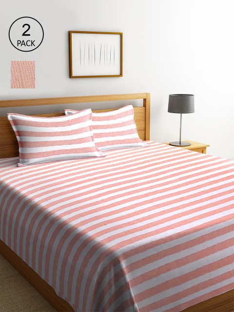 

KLOTTHE Set Of 2 Striped Double King Bed Covers with 4 Pillow Covers, Orange